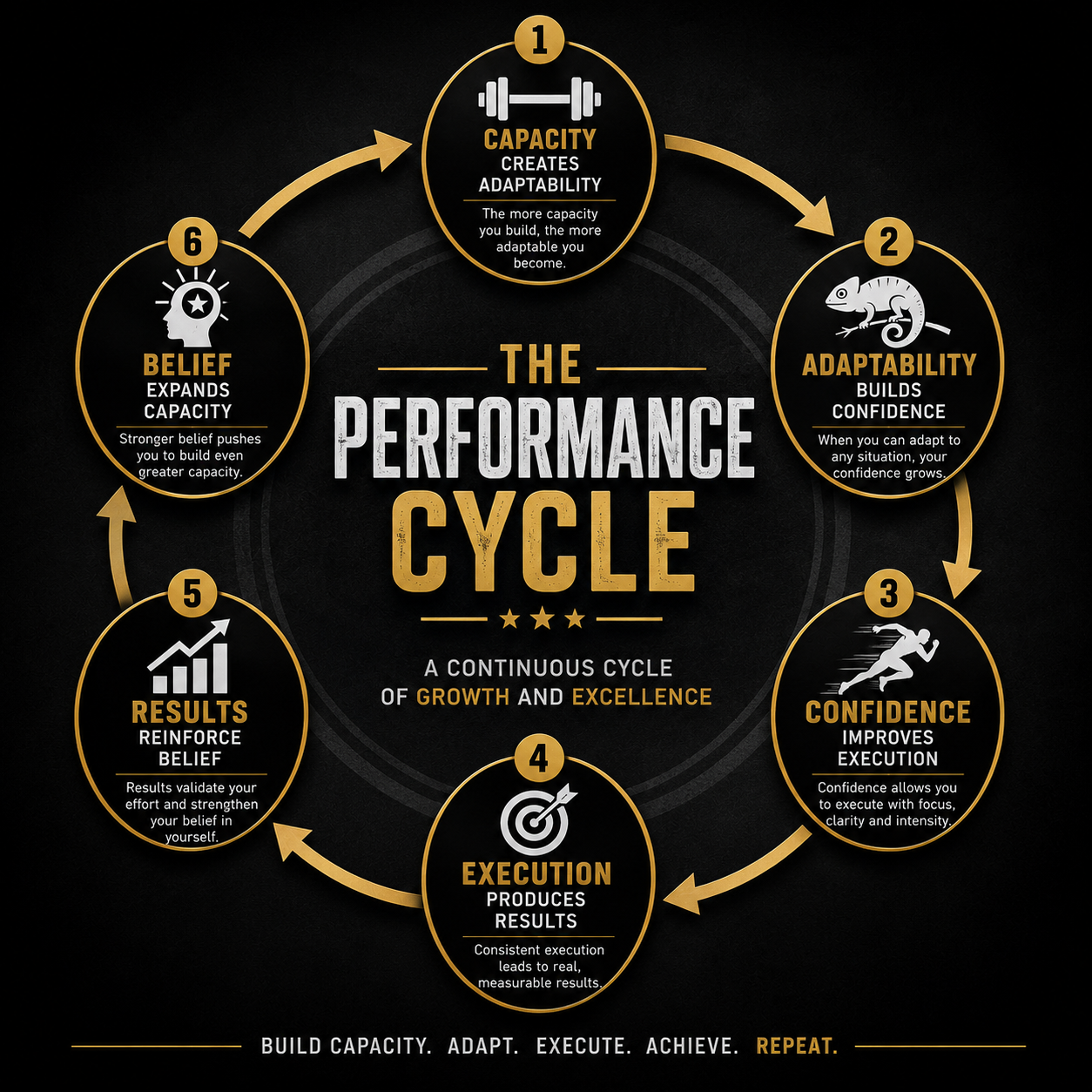 The Performance Cycle — six interconnected stages: Capacity, Adaptability, Confidence, Execution, Results, Belief